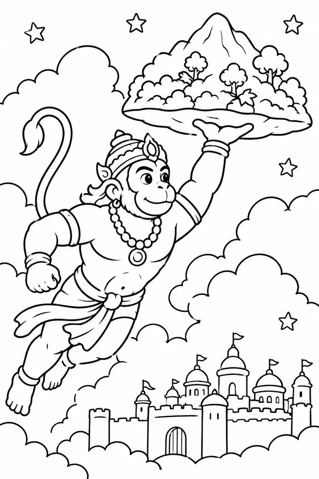 Hanuman cargando toda la montaña Sanjivani por el cielo