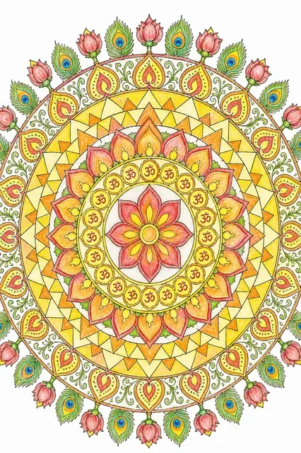 Ausmalbild: Hinduistisches Lotus-Mandala mit Om-Symbolen und Sri-Yantra-Mustern