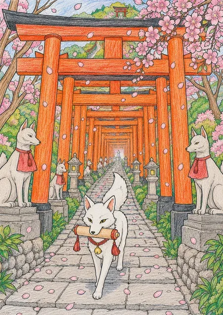 Ausmalbild: Hunderte Torii-Tore bilden einen langen Tunnelpfad mit Kitsune im Nebel