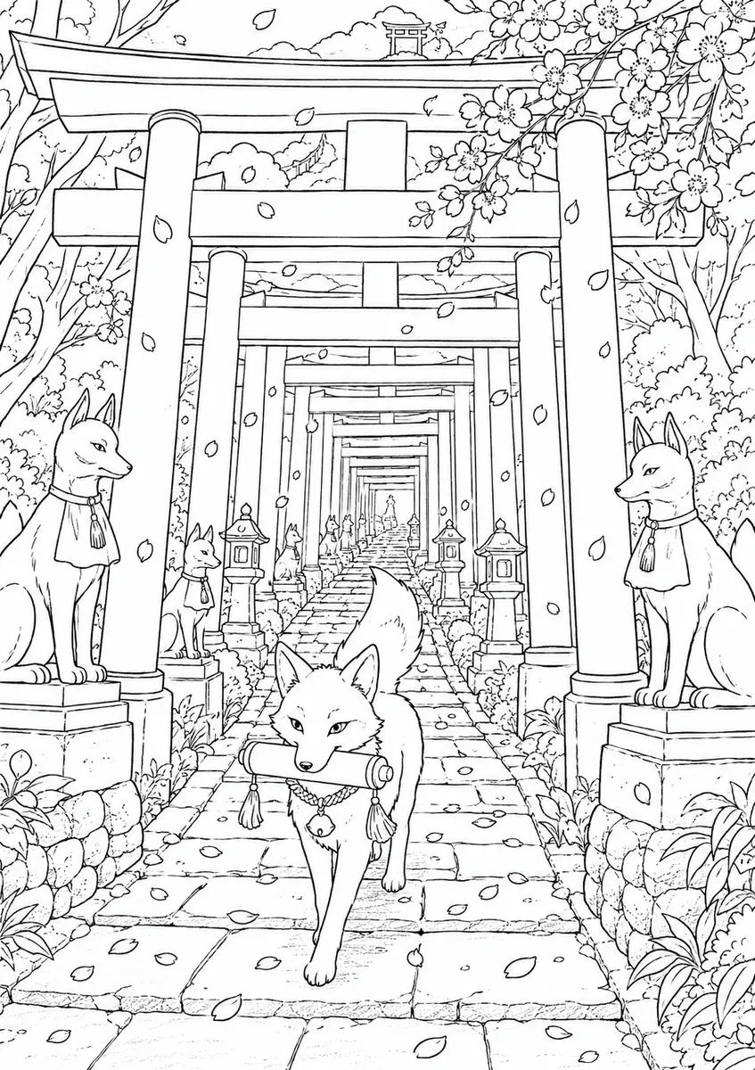 Ausmalbild: Hunderte Torii-Tore bilden einen langen Tunnelpfad mit Kitsune im Nebel