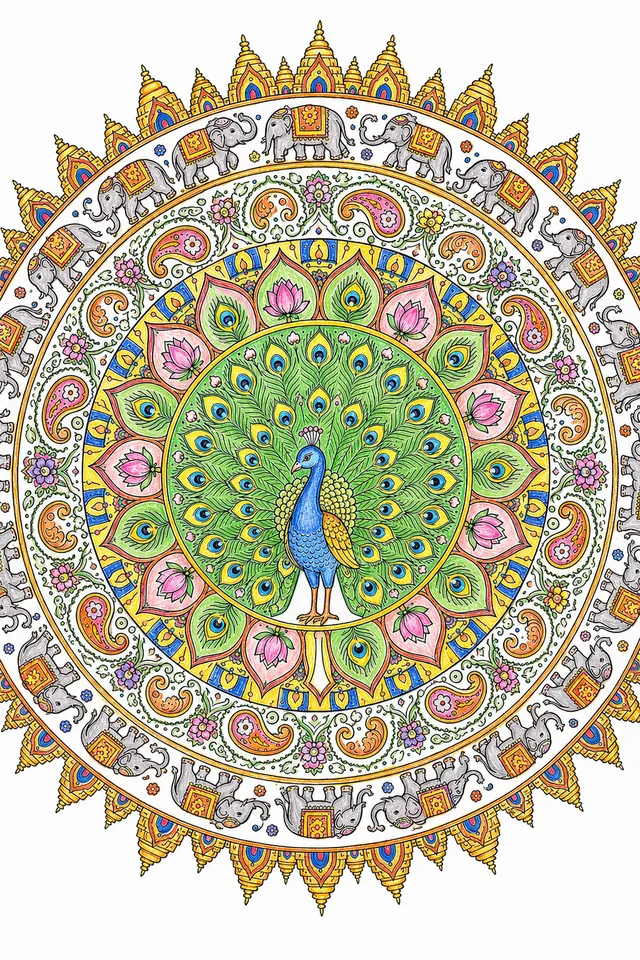 Indisches Pfau-Tempel-Mandala in Safran und Königsblau – So könnte es aussehen