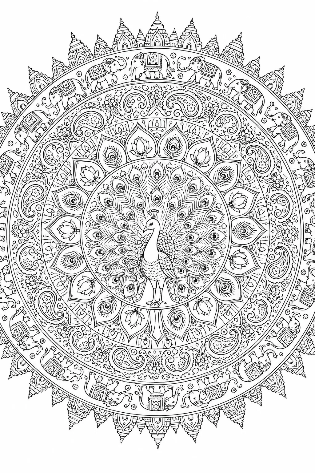 Ausmalbild: Kreisförmiges indisches Mandala mit Pfau, Elefanten und Tempelmustern
