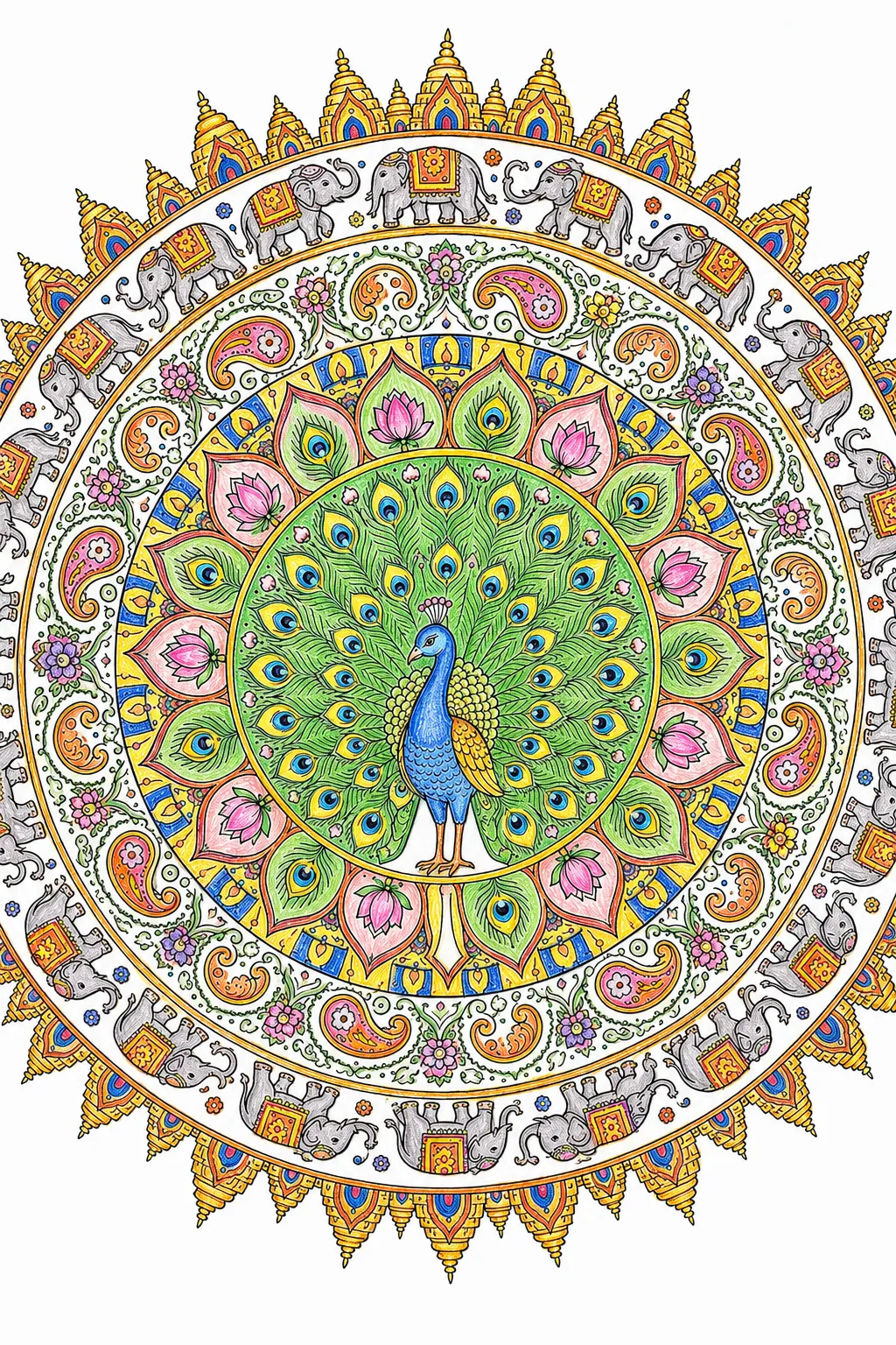 Indisches Pfau-Tempel-Mandala in Safran und Königsblau
