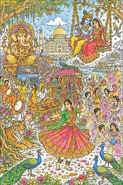 India Wimmelbild: Feste, Götter und buntes Leben in einer Szene – So könnte es aussehen
