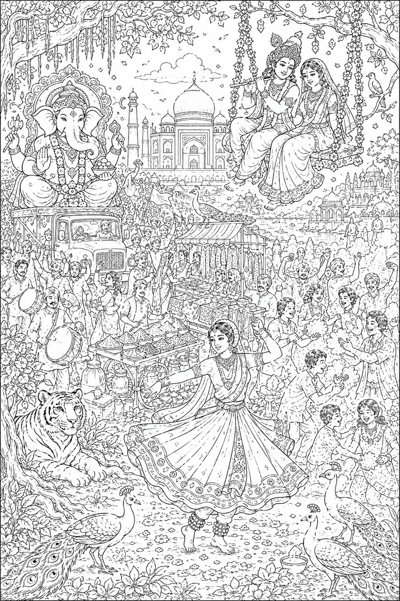 Ausmalbild: Wimmelbild Indiens mit Festen, Tempel, Göttern und buntem Markt