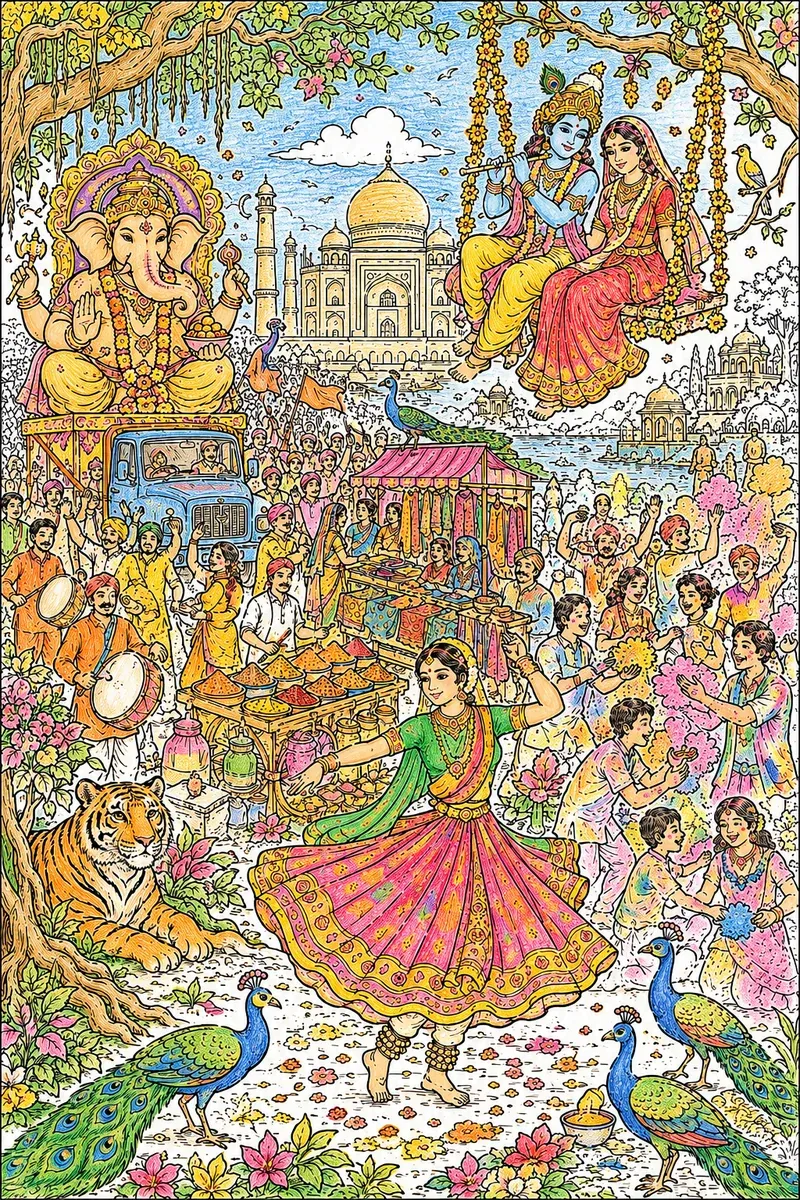 India Wimmelbild: Feste, Götter und buntes Leben in einer Szene
