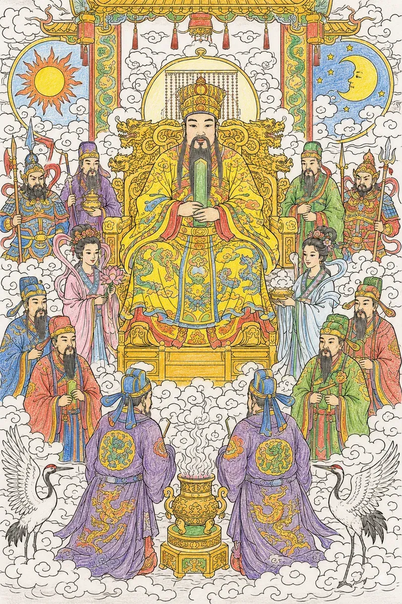 Der Jade-Kaiser auf seinem Himmelspalast thront über den Wolken
