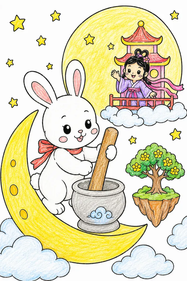 Ausmalbild: Süßes weißes Mondkaninchen auf dem Mond mit Mörser und Stößel
