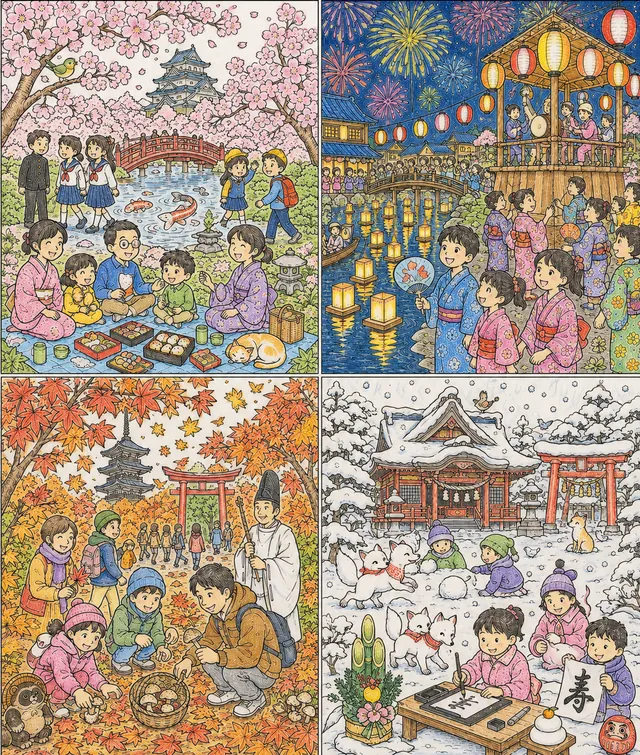 Japan durch die Jahreszeiten: Ein Wimmelbild der vier Jahreszeiten – So könnte es aussehen