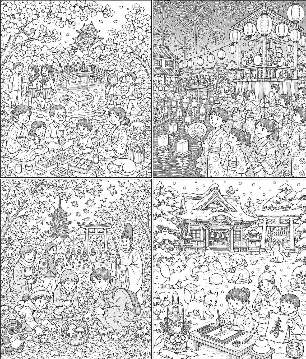 Ausmalbild: Japan-Wimmelbild mit vier Jahreszeiten-Viertelns voller Details