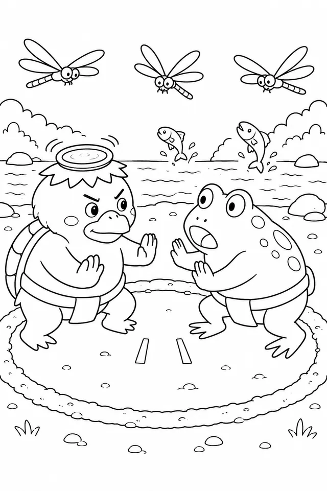 河童挑战青蛙进行友好的相扑比赛
