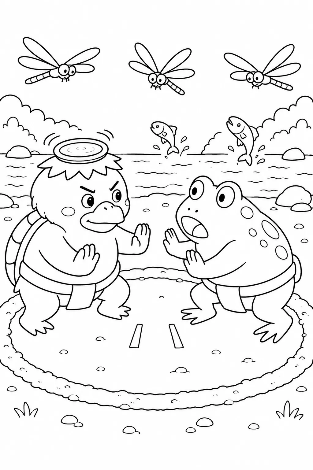 Ausmalbild: Kappa fordert Frosch zu Sumo am Fluss heraus