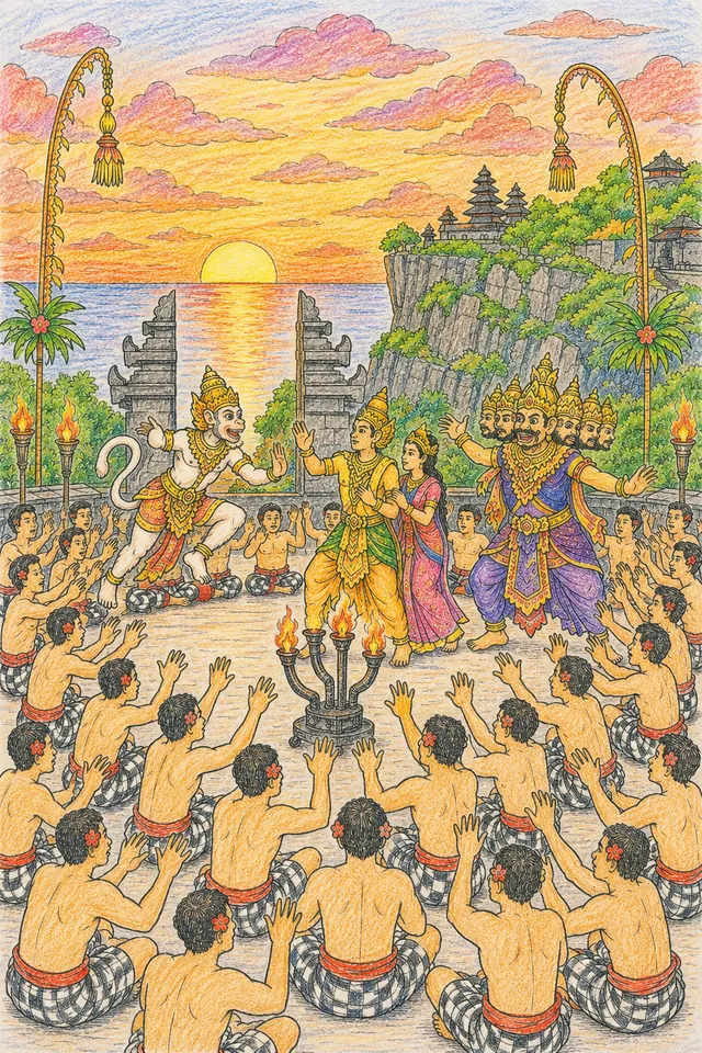 Ausmalbild: Kecak-Tanz-Aufführung auf Bali mit Fackeln und Ramayana-Charakteren