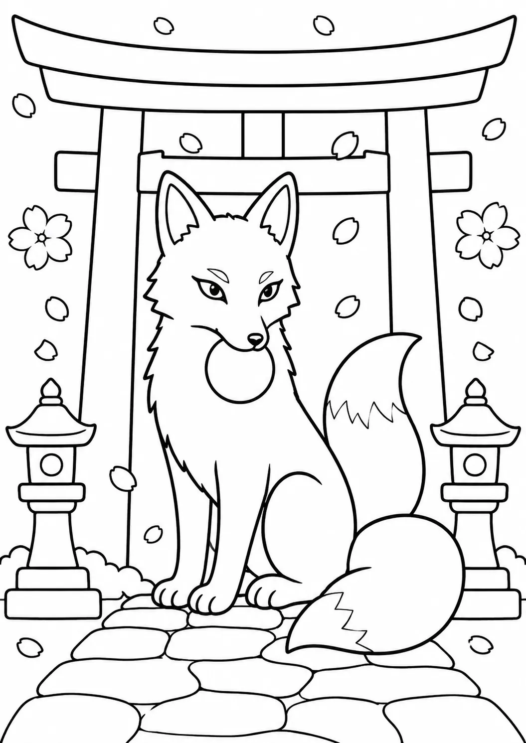 Ausmalbild: Weißer Kitsune-Fuchs mit zwei Schwänzen vor rotem Torii-Tor
