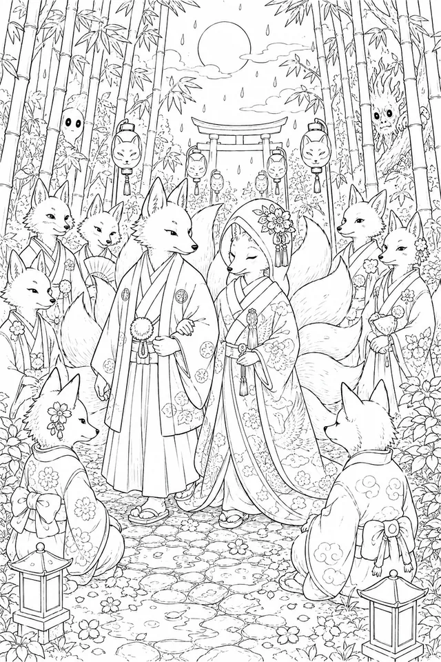 Geheime Kitsune-Hochzeit im Nebelwald bei Mondlicht
