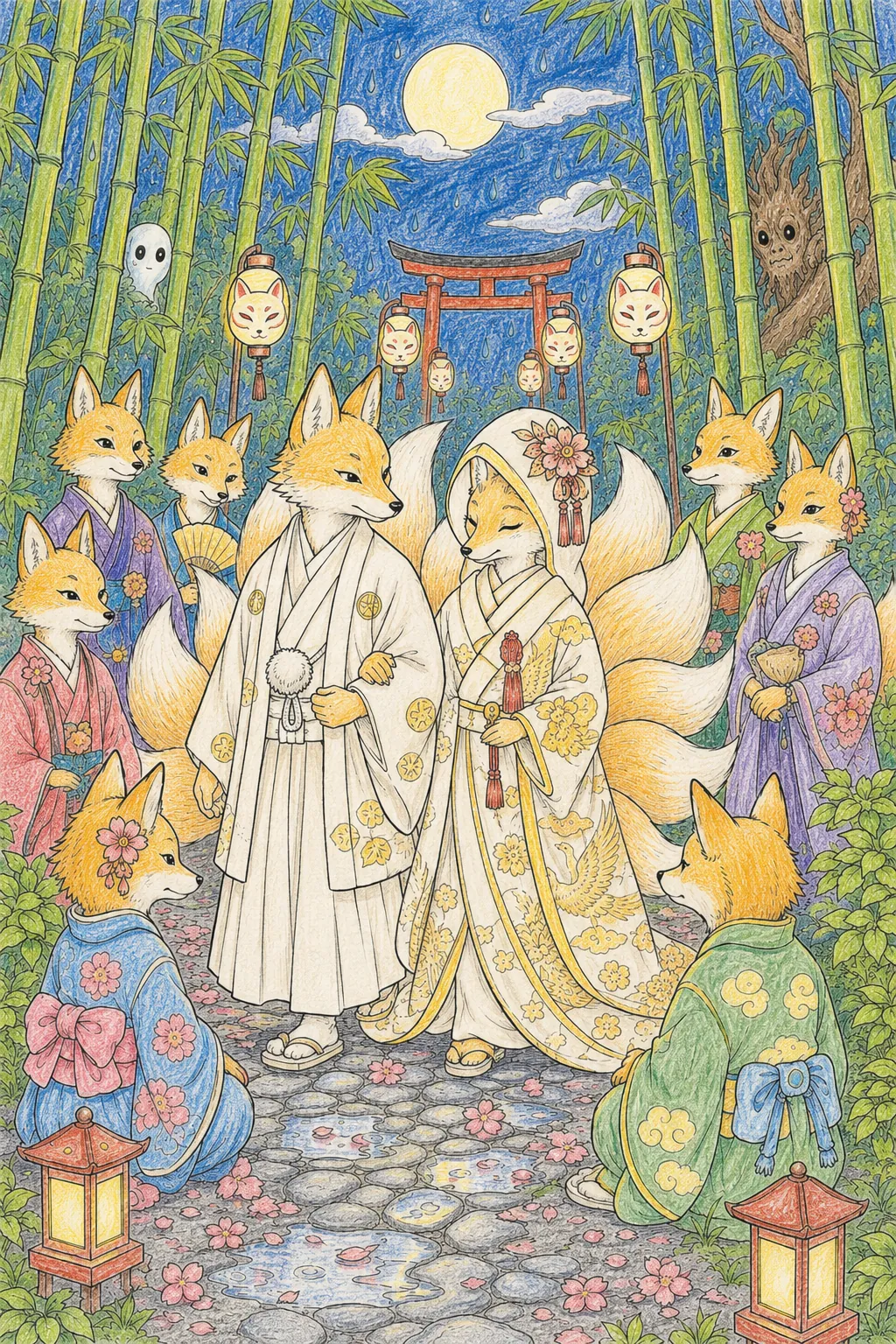 Geheime Kitsune-Hochzeit im Nebelwald bei Mondlicht