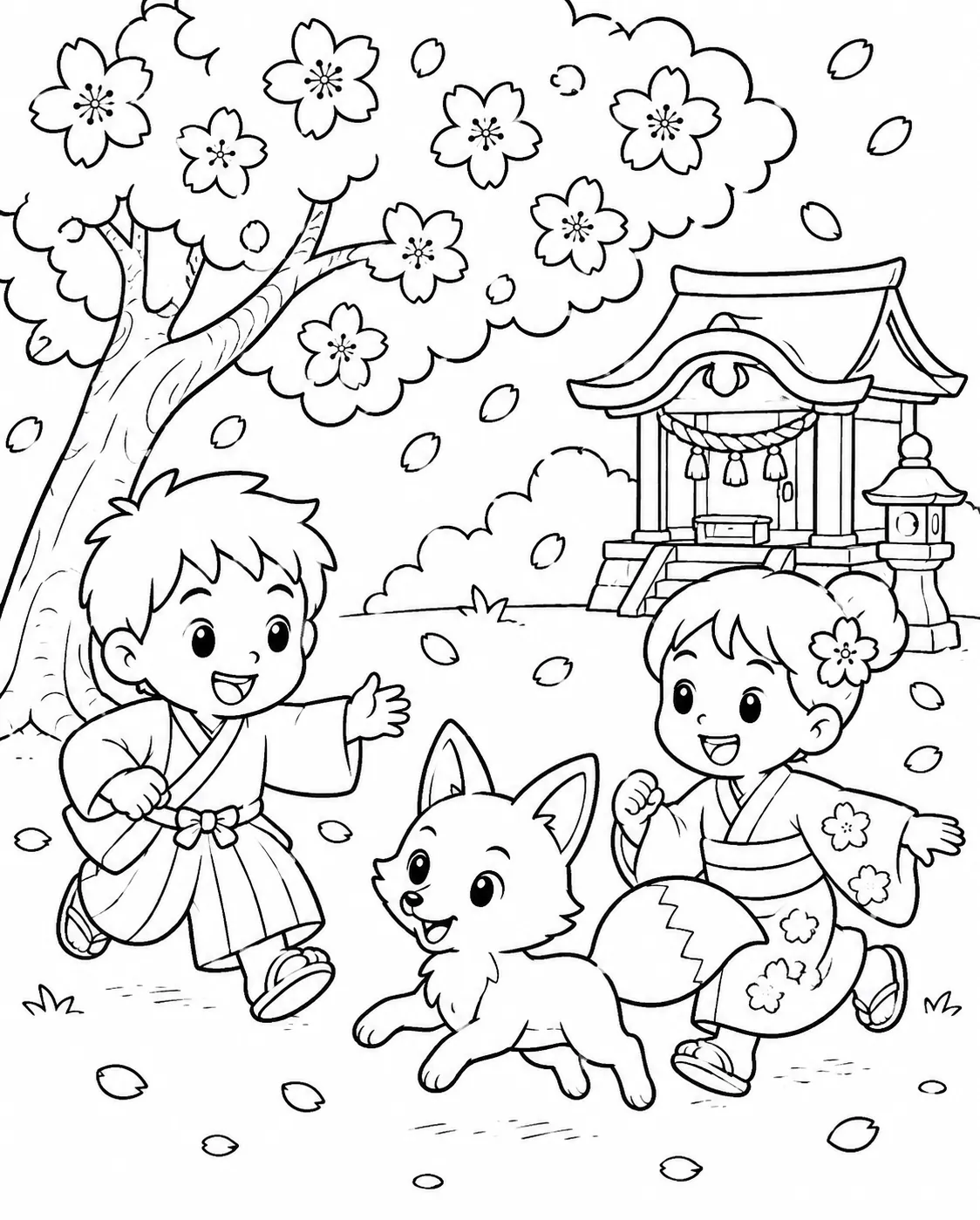 Ausmalbild: Kleiner Kitsune-Fuchs spielt mit Kindern unter einem Kirschblütenbaum