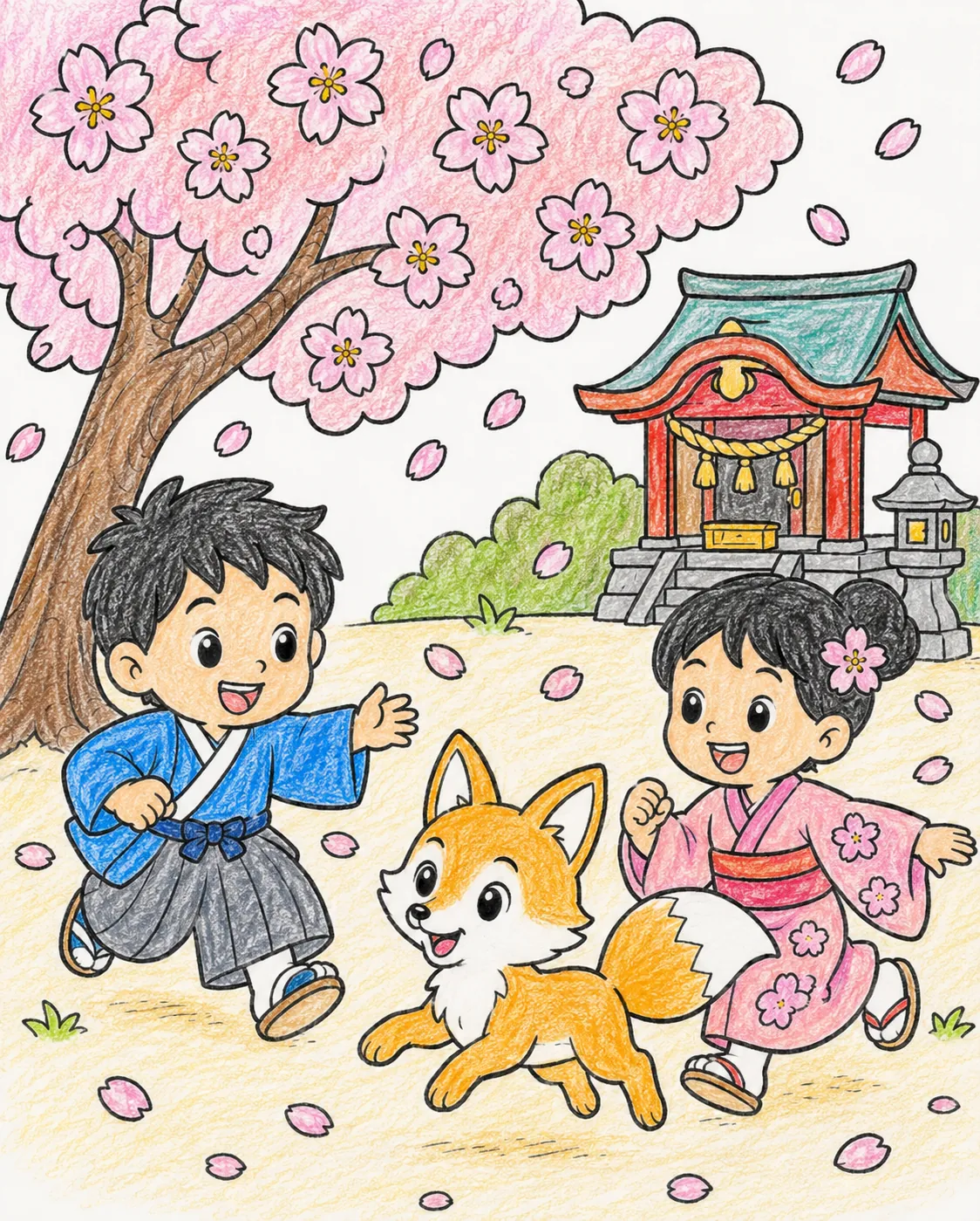 Kleiner Kitsune-Fuchs spielt mit Kindern unter Kirschblüten