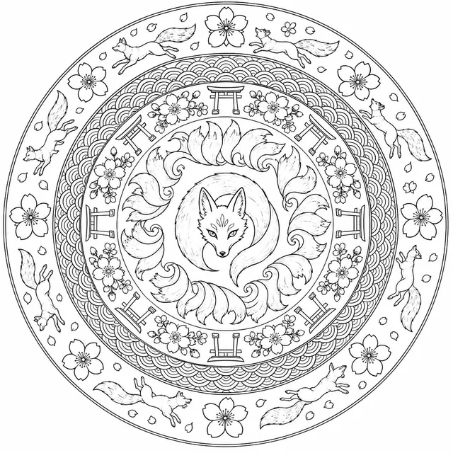 Kitsune-Sakura-Mandala: Neun Füchse und Kirschblüten