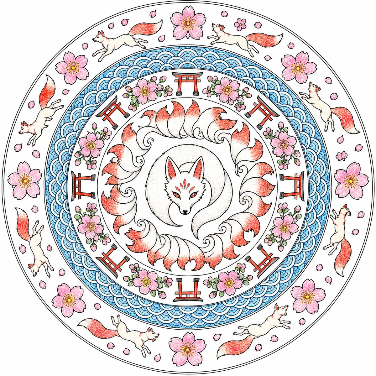 Kitsune-Sakura-Mandala: Neun Füchse und Kirschblüten