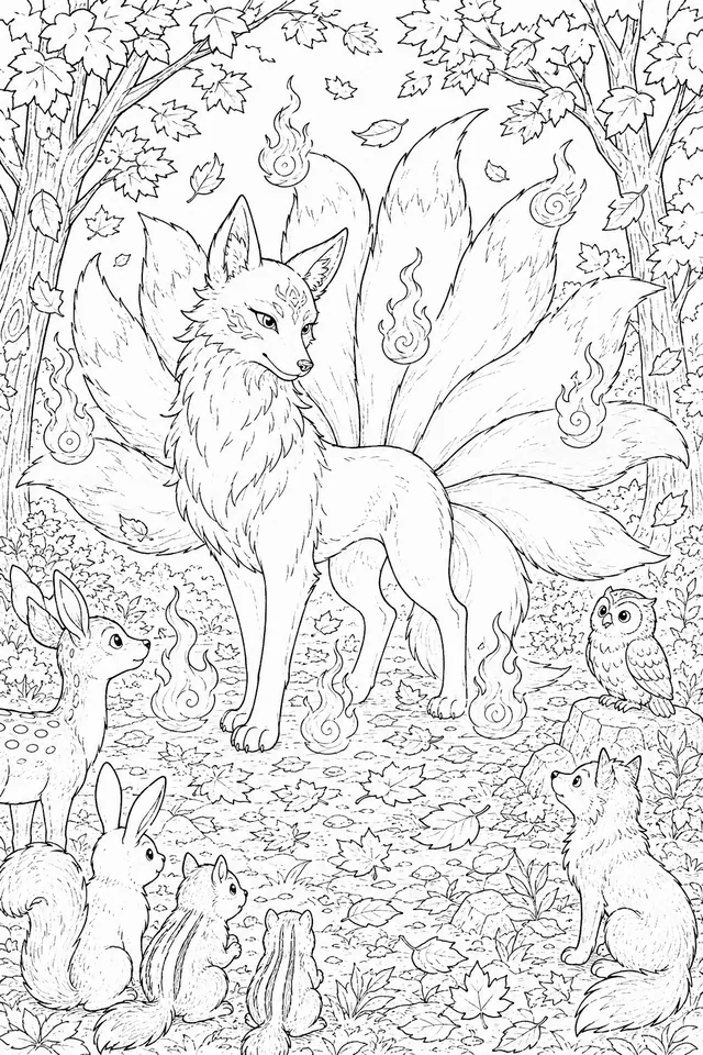 Nine-Tailed Kitsune Appearing in the Enchanted Autumn Forest