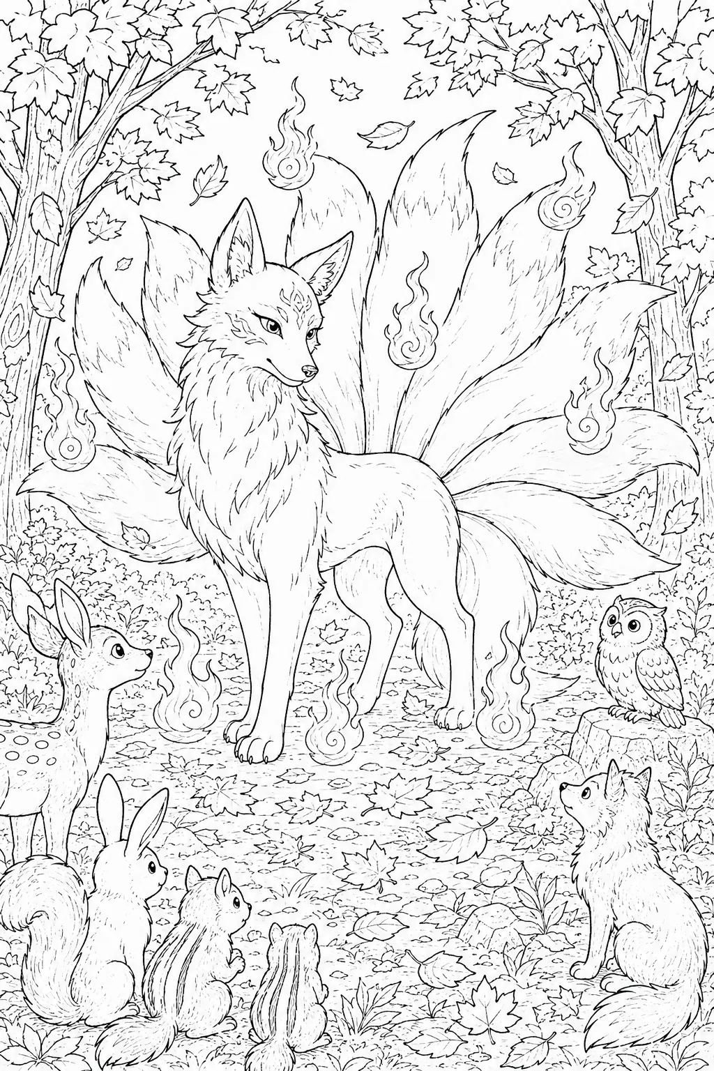 Coloring page: majestic nine-tailed Kitsune with kitsune-bi in autumn forest