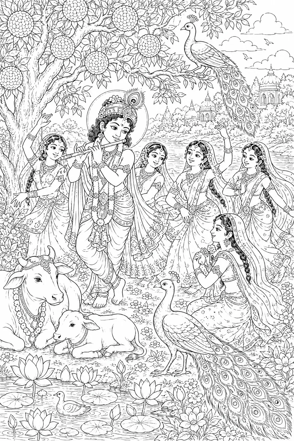 Ausmalbild: Krishna spielt Flöte unter einem Baum, umgeben von tanzenden Gopis