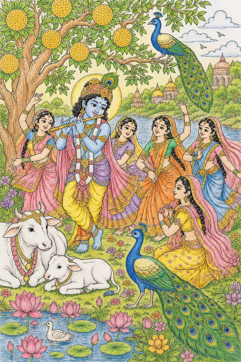 Krishna spielt Flöte in Vrindavan und lockt die Gopi-Mädchen
