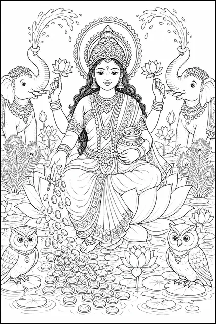 Goddess Lakshmi Seated on Golden Lotus Bestowing Prosperity
