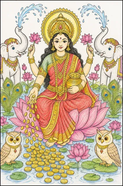 देवी लक्ष्मी सुनहरे कमल पर बैठकर समृद्धि प्रदान करती हैं – ऐसा दिख सकता है