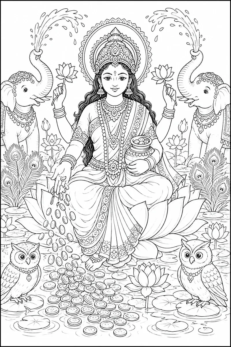 रंग भरने का चित्र: सोने के सिक्कों और सफेद हाथियों के साथ कमल पर देवी लक्ष्मी