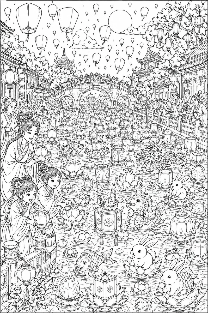 涂色页：河上有数千盏灯笼的元宵之夜