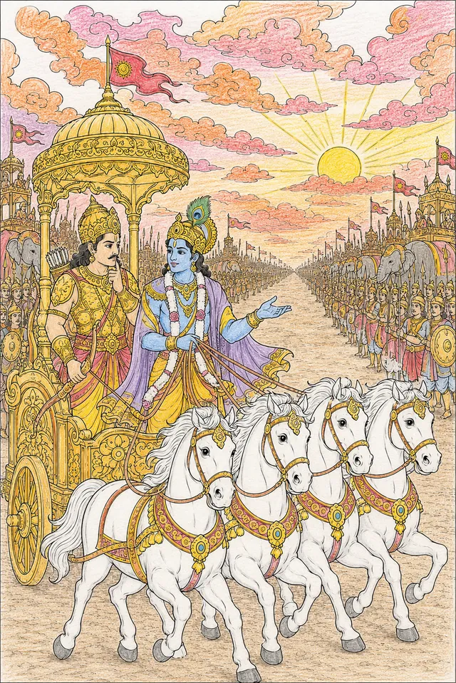 Ausmalbild: Arjuna und Krishna im weißen Streitwagen vor den Armeen von Kurukshetra