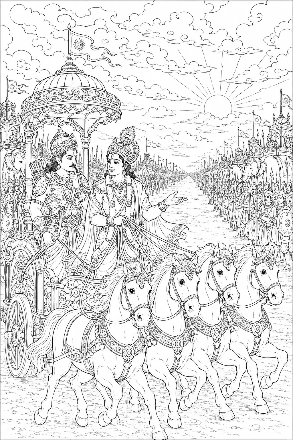 Ausmalbild: Arjuna und Krishna im weißen Streitwagen vor den Armeen von Kurukshetra