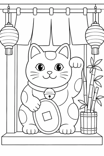 招财猫在五彩缤纷的日本商店里快乐地招手