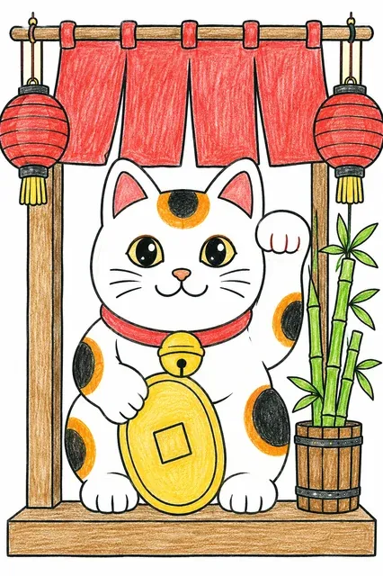 招财猫在五彩缤纷的日本商店里快乐地招手 – 涂色效果预览