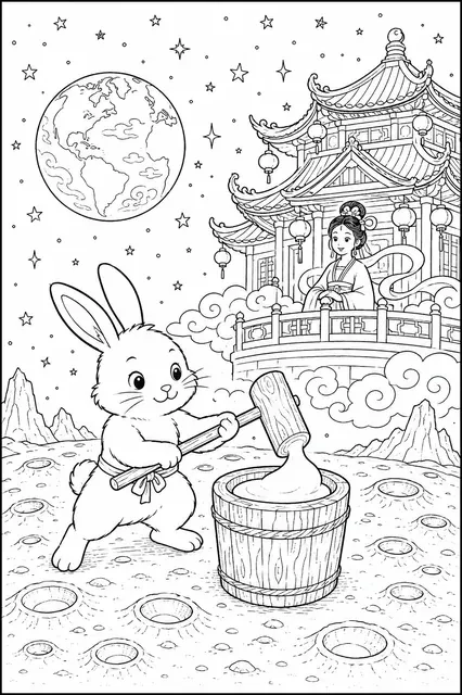 Moon Rabbit Pounding Mochi Rice Cakes at the Moon Palace