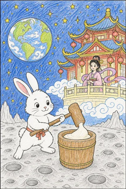 Moon Rabbit Pounding Mochi Rice Cakes at the Moon Palace – This is how it could look