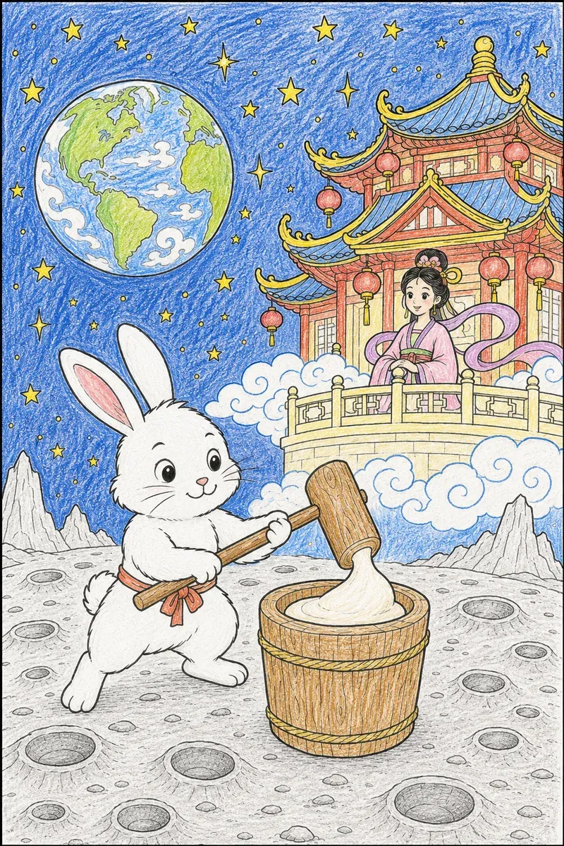 Moon Rabbit Pounding Mochi Rice Cakes at the Moon Palace
