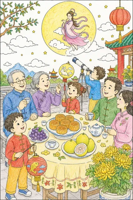 中国中秋节：家人用月饼和灯笼庆祝 – 涂色效果预览