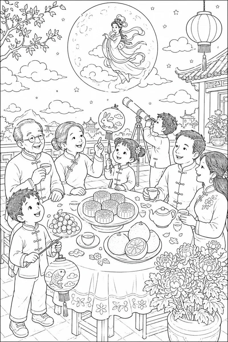 涂色页：中国家庭用月饼和灯笼庆祝中秋节