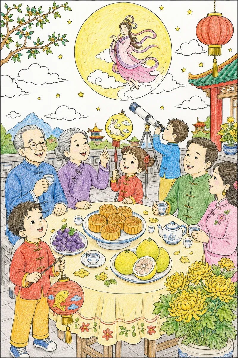 中国中秋节：家人用月饼和灯笼庆祝