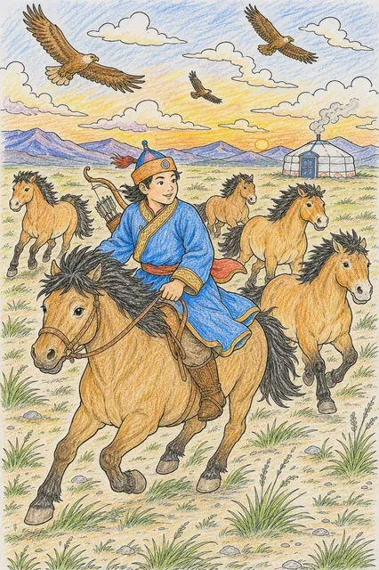蒙古草原骑手与野马驰骋在草原上 – 涂色效果预览