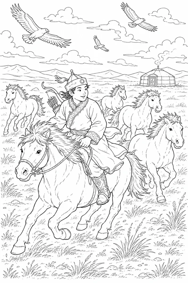 涂色页：蒙古骑手在草原上裸背与野马并驾齐驱