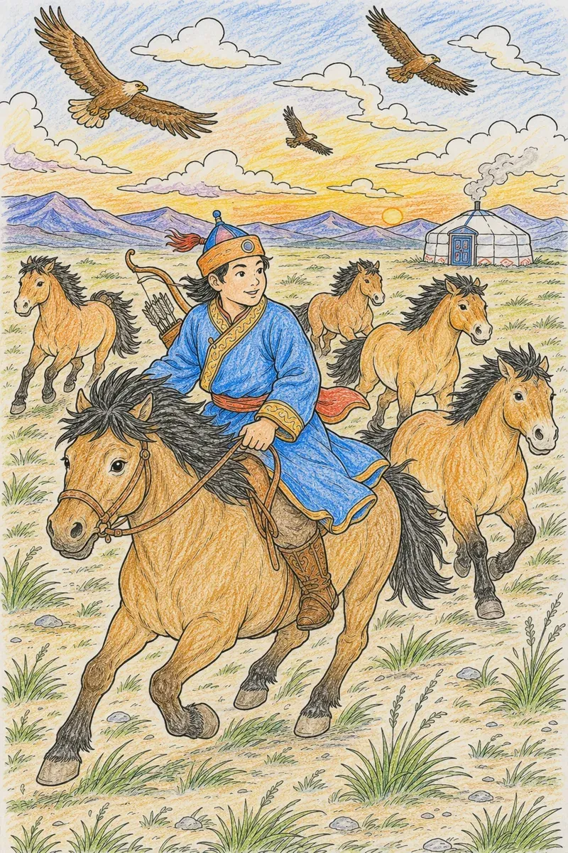 蒙古草原骑手与野马驰骋在草原上