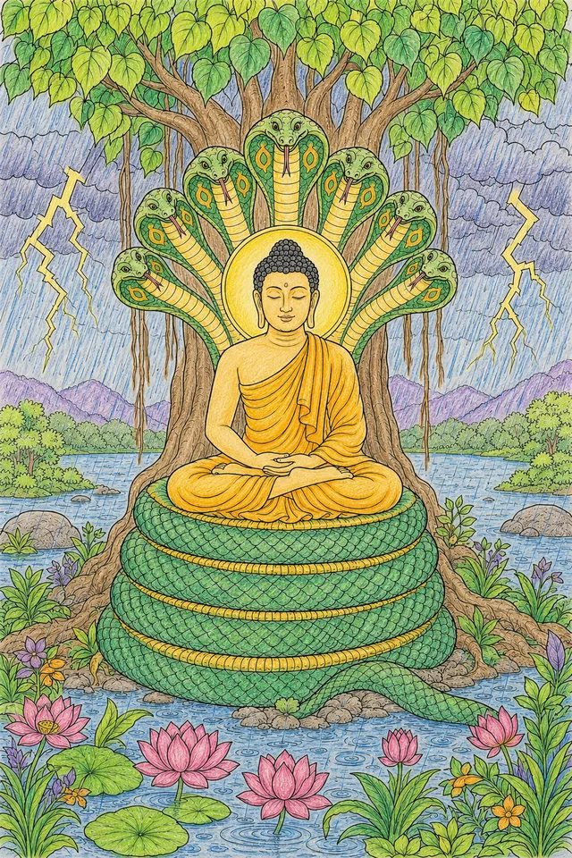 Naga Muchalinda schützt meditierenden Buddha mit seinen sieben Köpfen – So könnte es aussehen