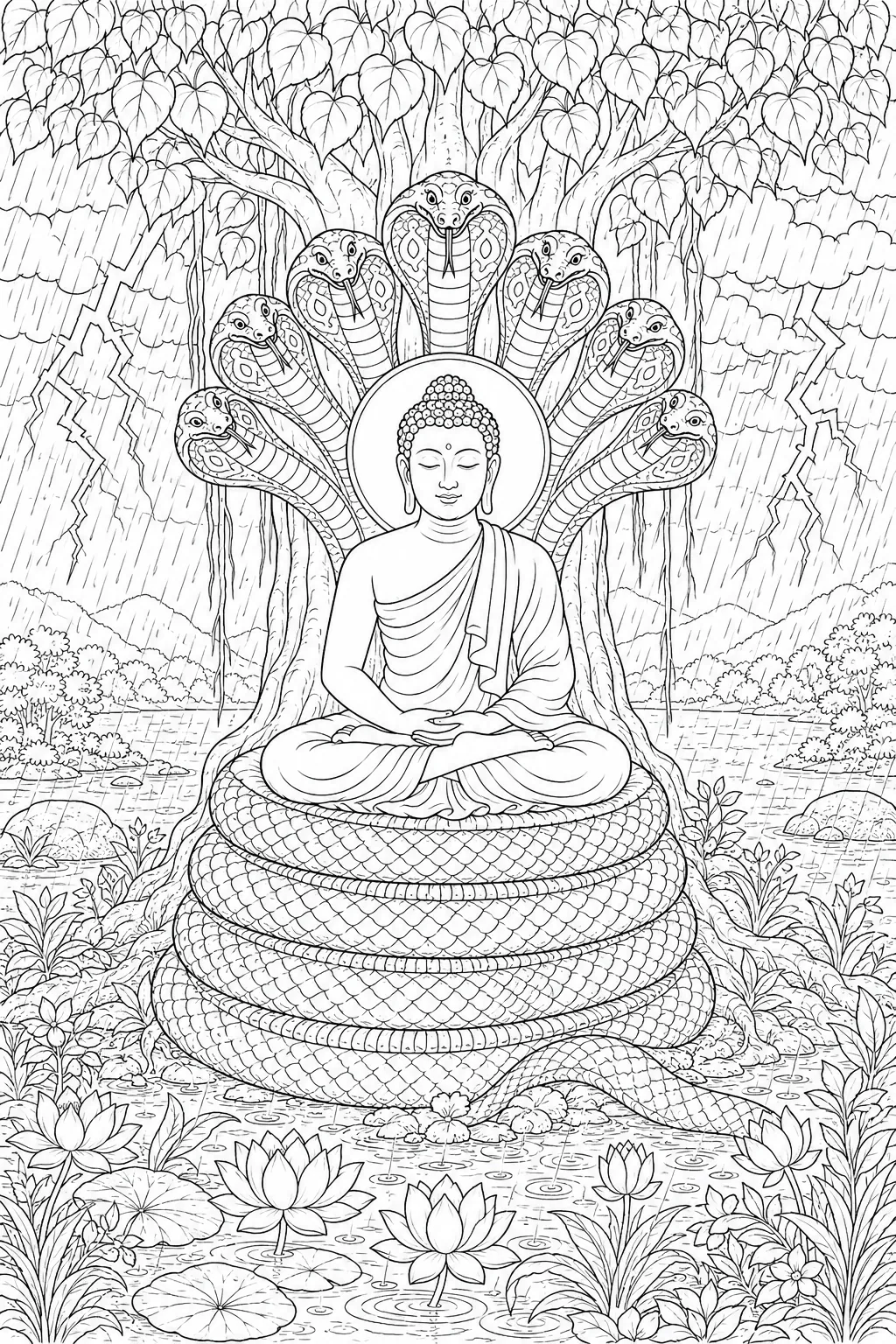 Ausmalbild: Naga Muchalinda mit sieben Köpfen über meditierendem Buddha beim Sturm