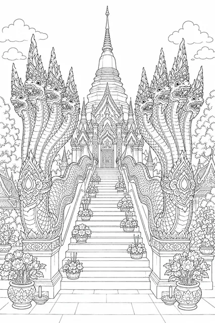 Prächtige Naga-Schlangen bewachen die goldene Tempel-Treppe