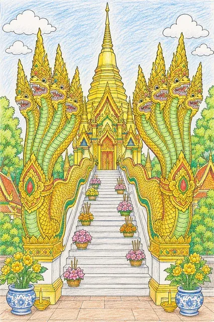 Ausmalbild: Zwei goldene Naga-Schlangen bewachen die Treppe eines Buddhistischen Tempels