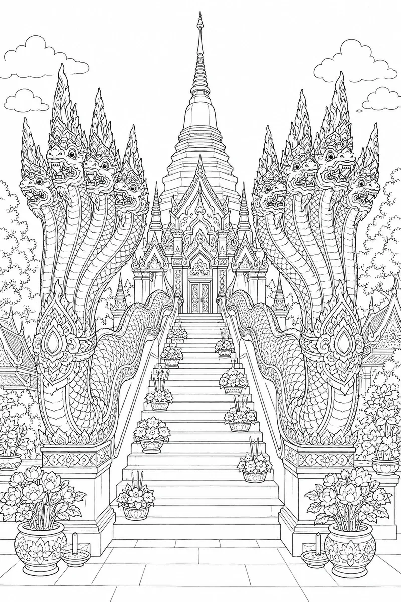 Ausmalbild: Zwei goldene Naga-Schlangen bewachen die Treppe eines Buddhistischen Tempels